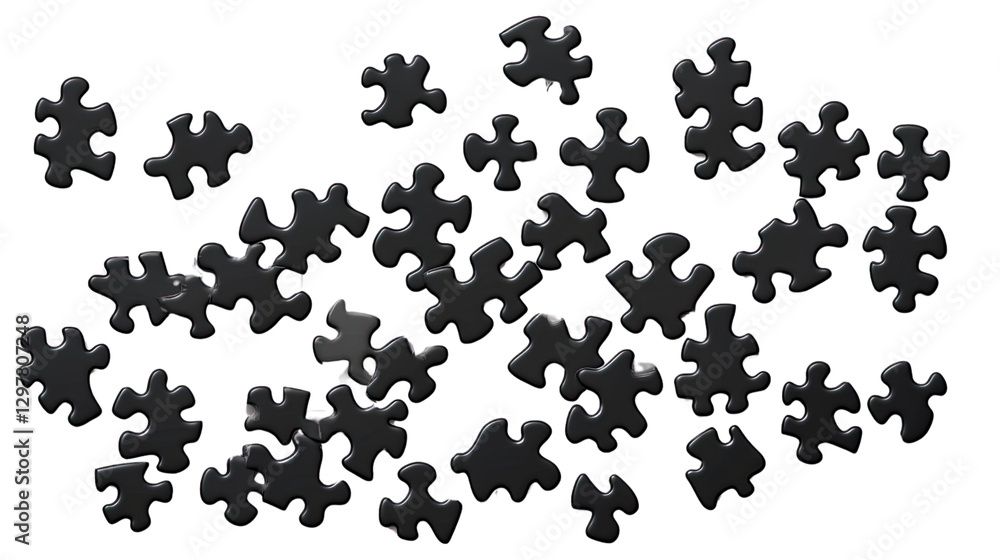 Puzzle Pieces Scatter: A collection of interconnected puzzle pieces, representing a complex problem or challenge, are scattered about, hinting at the process of problem-solving, and creativity.