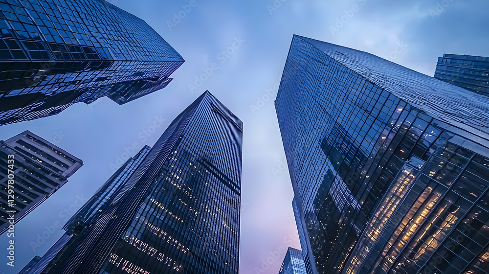 Obraz premium Abstract Perspective Of Modern Skyscrapers Reflecting Blue Sky and Surrounding City