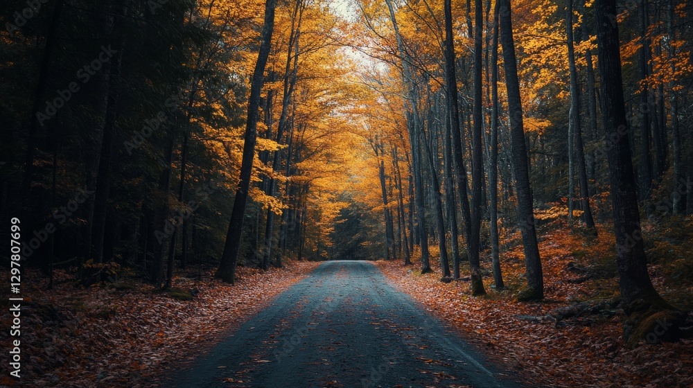 Naklejka premium Empty road through an autumn forest with sunlight peaking through the trees