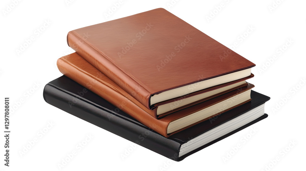 Leather Bound Journals: A stack of three leather bound journals, one in brown, one in black, and one in white, showcasing the elegance and sophistication of these classic writing tools. Leather Bound Journals: A stack of three leather bound journals, one in brown, one in black, and one in white, showcasing the elegance and sophistication of these classic writing tools.