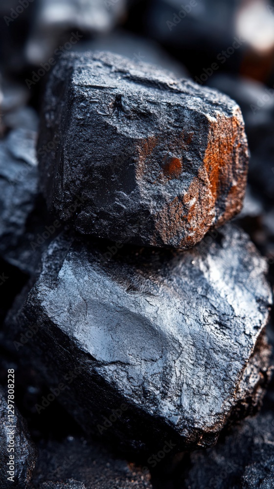 Fototapeta premium A Close-Up View of Natural Coal Fragments Highlighting Texture, Shine, and Deep Black Hue in a Collection of Raw Fossil Fuel Material