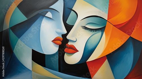 Cubism style portrait of a female face. Creative illustration of a woman's face. Stylish art of a closup face, cubism and darker green colors. Painting and decor.