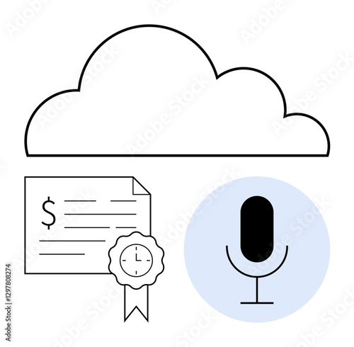 Cloud icon connected to a voice command microphone and a digital certificate with a dollar sign and ribbon seal. Ideal for cloud storage, voice technology, digital certification, financial