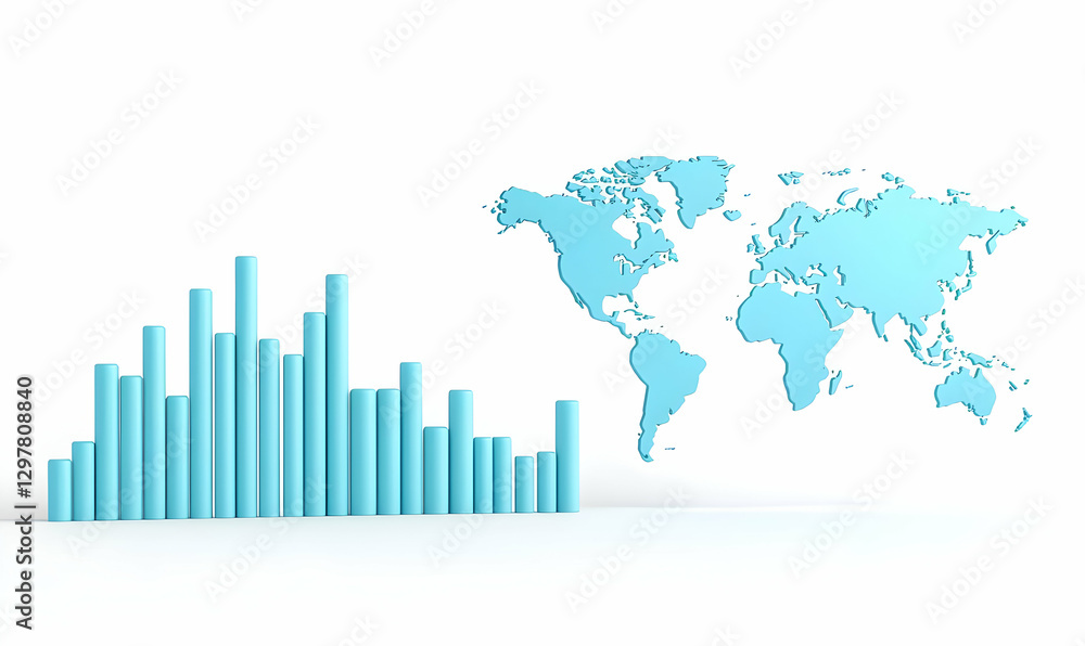Blue Bar Graph and World Map on Minimalist White Background Blue Bar Graph and World Map on Minimalist White Background