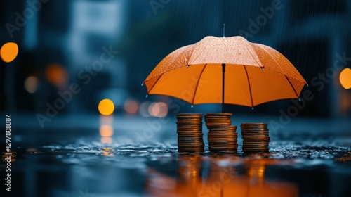 Wallpaper Mural A Serene Scene of an Orange Umbrella Sheltering Stacked Coins on a Rain-soaked Urban Street, Capturing the Essence of Wealth and Protection Amidst a Gloomy Day Torontodigital.ca
