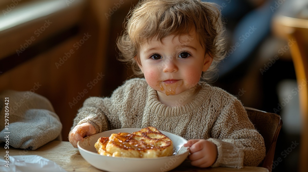 Little girl sitting at a table enjoying a plate of food with a happy expression on her face Little girl sitting at a table enjoying a plate of food with a happy expression on her face
