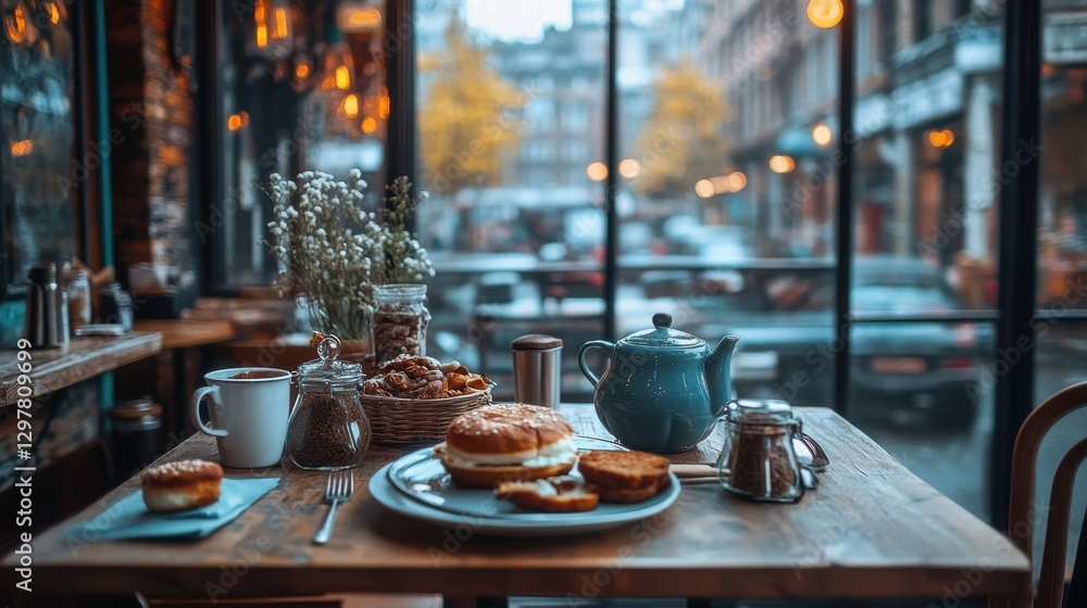 Table setting with plate of food and cup of coffee in natural light Table setting with plate of food and cup of coffee in natural light