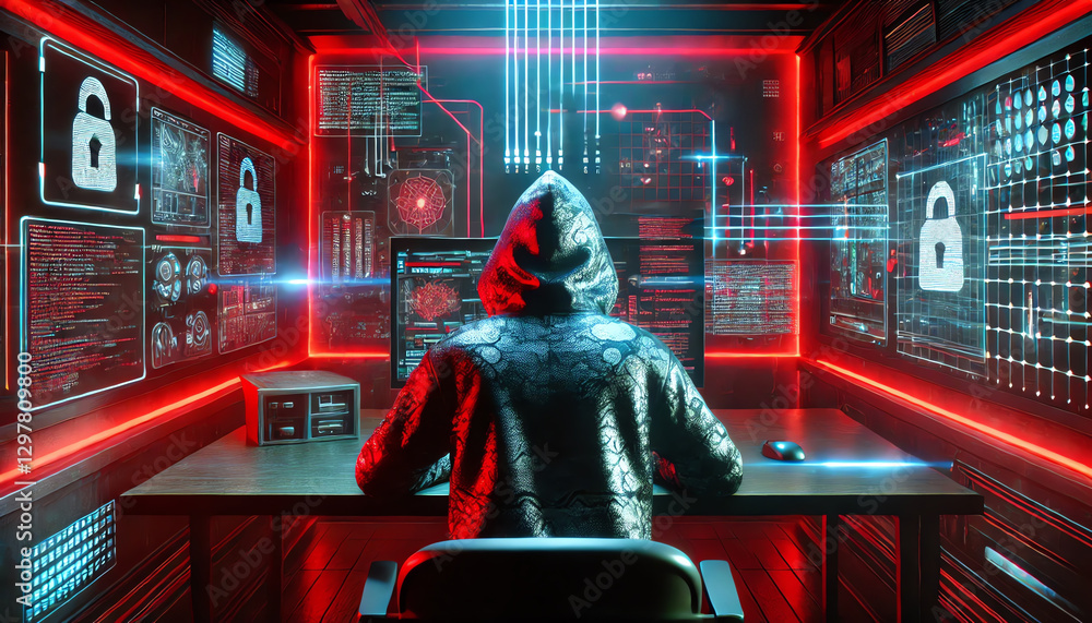 Obraz premium A futuristic scene featuring one individual sitting at a desk in a dark, high-tech room, facing a glowing computer screen displaying red text