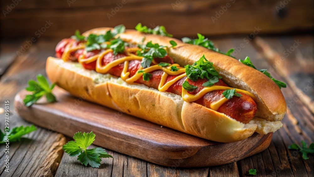 Savory Grilled Sausage in a Toasted Bun with Mustard and Parsley Garnish on Rustic Wooden Board Savory Grilled Sausage in a Toasted Bun with Mustard and Parsley Garnish on Rustic Wooden Board
