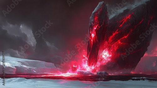 Apocalyptic Harbinger Crimson Descent Dark Sci-Fi Monolith Over Skyline Futuristic Disaster Cinematic Eerie Vision