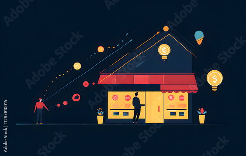 Vibrant digital storefront with engaging icons illustrating transactions and customer interactions