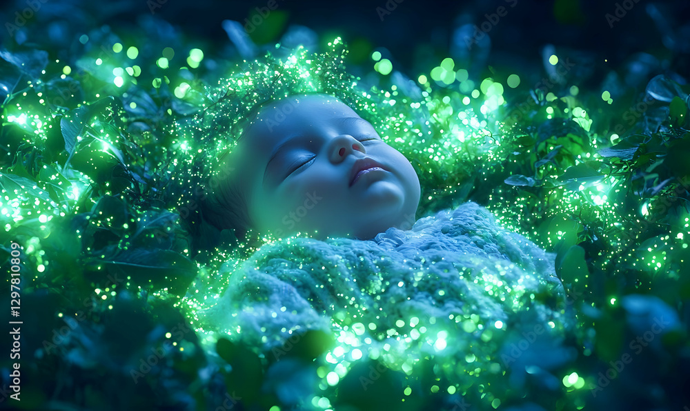 Serene Baby Surrounded by Magical Green Sparkles in Nature Serene Baby Surrounded by Magical Green Sparkles in Nature