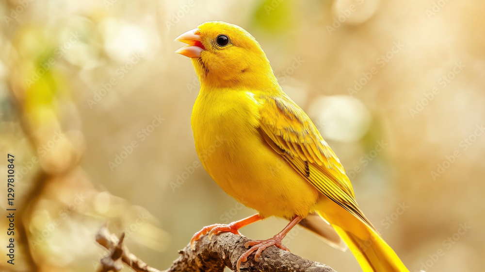 A majestic golden-yellow canary caught mid-song, its delicate feathers illuminated by soft natural lighting, wings slightly raised A majestic golden-yellow canary caught mid-song, its delicate feathers illuminated by soft natural lighting, wings slightly raised