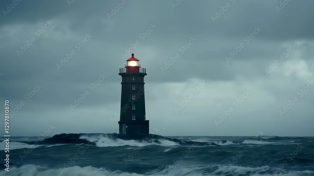 A lighthouse stands tall against a stormy sea, its bright light shining through dark clouds and rough ocean waves in a dramatic scene. A lighthouse stands tall against a stormy sea, its bright light shining through dark clouds and rough ocean waves in a dramatic scene.