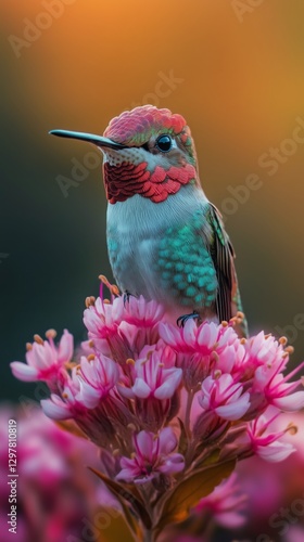Colorful Hummingbird Perched on Vibrant Pink Flowers During Golden Hour in Na...