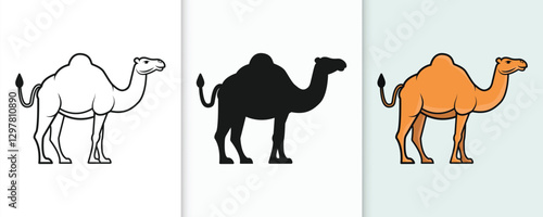 Camel outline and silhouette icon set with isolated flat vector illustration for eid celebration
