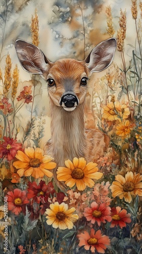 Young Deer Surrounded by Vibrant Flowers in a Serene Natural Setting During D...