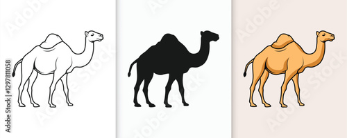 Camel outline and silhouette icon set with isolated flat vector illustration for eid celebration