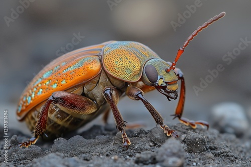 Colorful Orange Beetle Crawling on a Surface With Distinct Patterns in Natura...