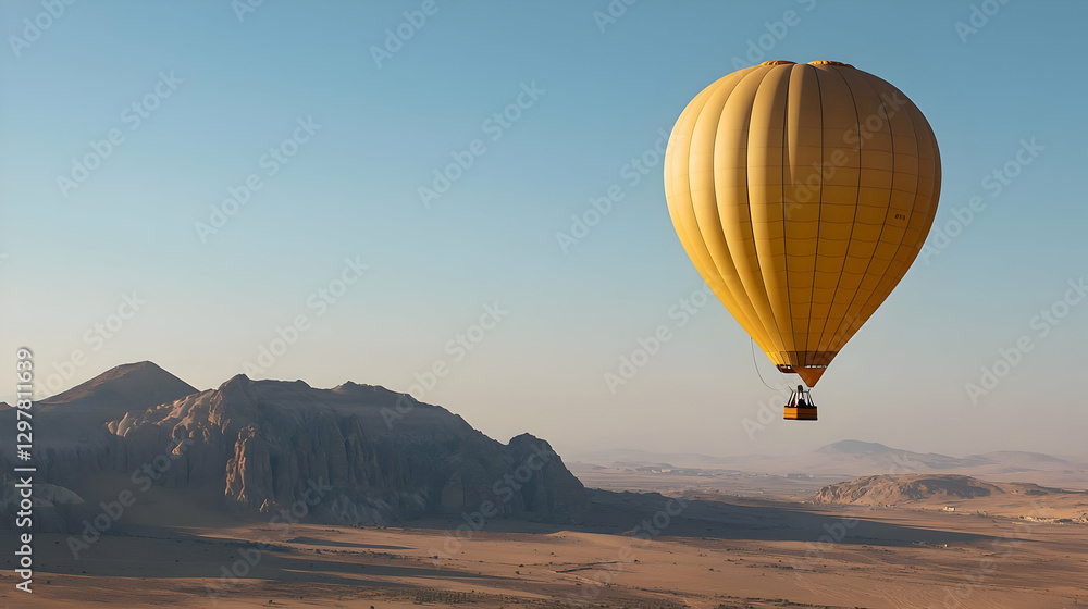 Fototapeta premium Yellow Hot Air Balloon Floating Above Desert Landscape During Sunrise or Sunset