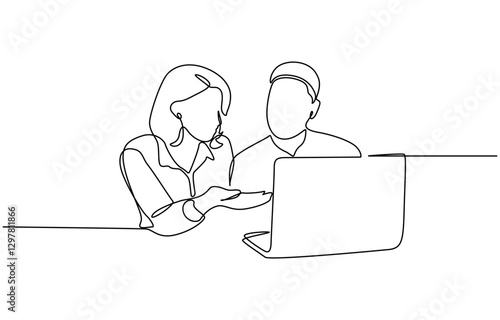 Single continuous line drawing of Two employees are talking and discussing work, Continuous One Line Drawing of Business Group with in Office woman and Man Working One Line Illustration.
