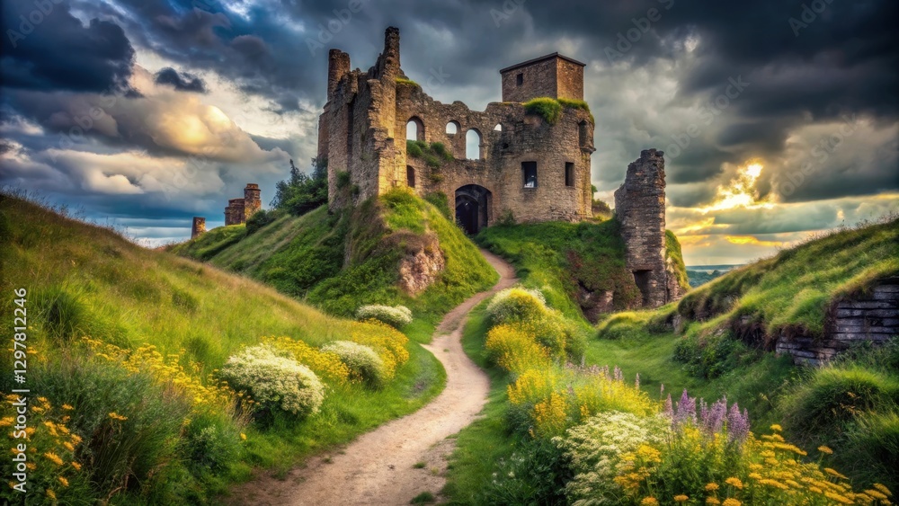 A winding path leads to ancient stone castle ruins nestled on a verdant hill, wildflowers blooming along the way under a dramatic sky A winding path leads to ancient stone castle ruins nestled on a verdant hill, wildflowers blooming along the way under a dramatic sky