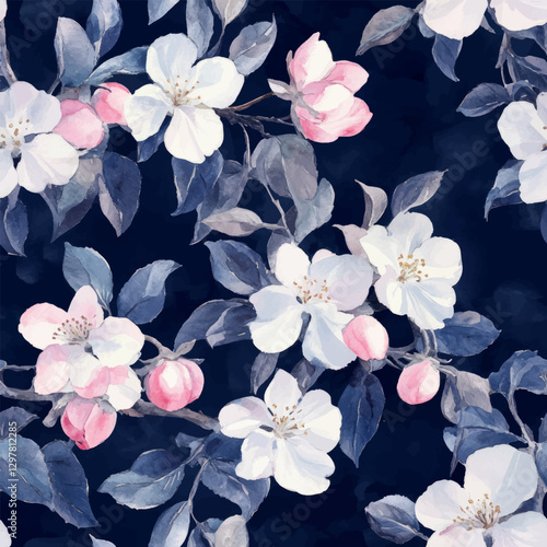 Pink and white apple blossoms on a navy background, watercolor flower seamless pattern. Watercolor print in rustic vintage style, textile or wallpapers.