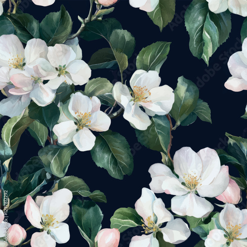 Apple blossoms in full bloom, with leaves and branches with drak background,  watercolor flower seamless pattern. Watercolor print in rustic vintage style, textile or wallpapers.