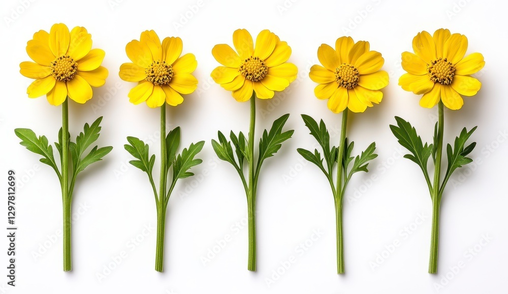 Obraz premium Five Bright Yellow Daisy Like Flowers on White Background