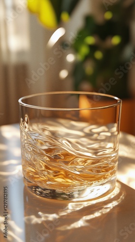 Elegant Glass of Whiskey Resting on a Table, Illuminated by Warm Sunlight in ...