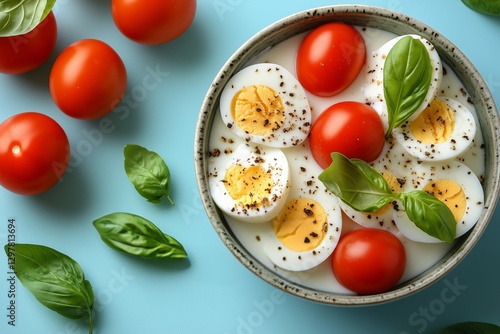 Fresh Salad With Basil, Tomatoes, and Boiled Eggs on a Light Blue Background