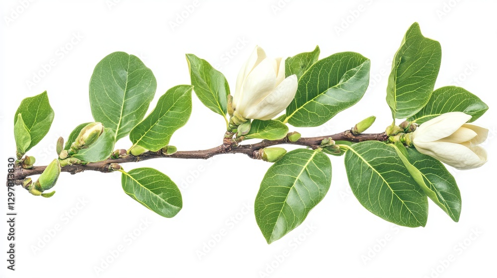 Elegant Magnolia Branch with Blooming Flowers and Lush Green Leaves Isolated on White Background Springtime Nature Photography Botanical Illustration Elegant Magnolia Branch with Blooming Flowers and Lush Green Leaves Isolated on White Background Springtime Nature Photography Botanical Illustration