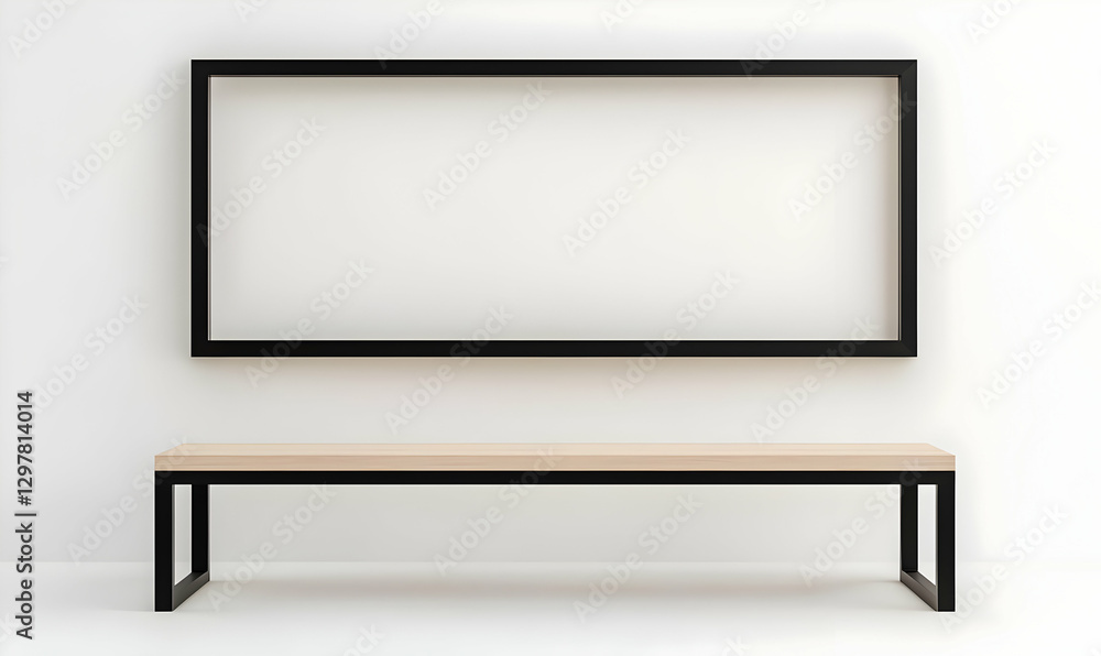 Minimalist Modern Empty Frame and Bench in Bright White Room Minimalist Modern Empty Frame and Bench in Bright White Room
