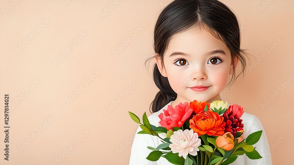 Adorable Girl Holding Bouquet of Flowers Against Soft Peach Background Adorable Girl Holding Bouquet of Flowers Against Soft Peach Background
