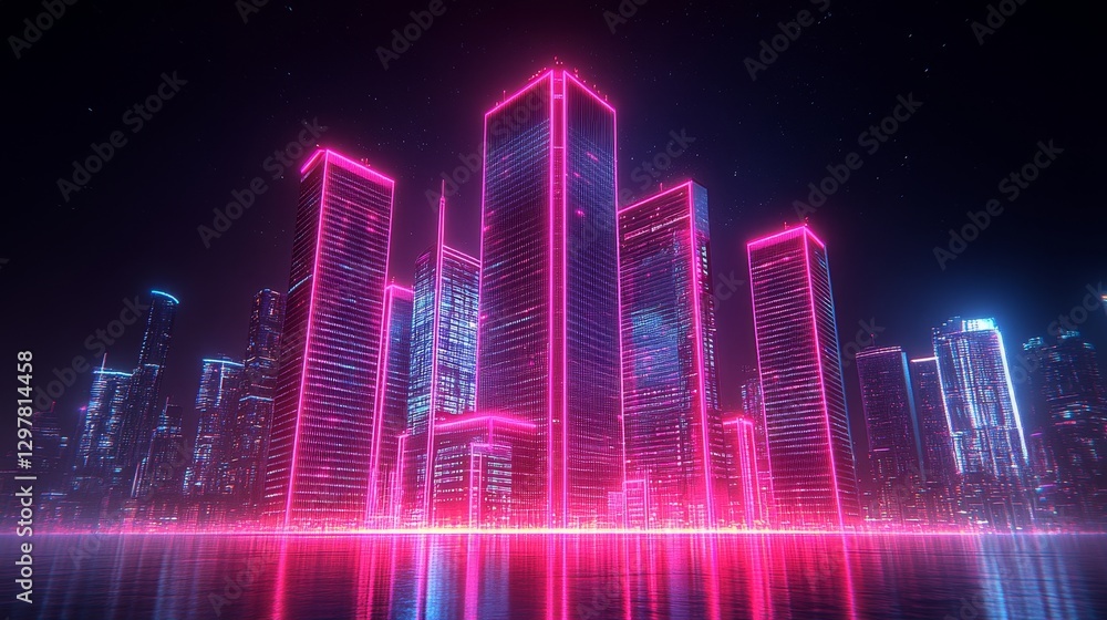 Naklejka premium Futuristic digital cityscape glowing with vibrant neon lights and a captivating reflection perfect for sci-fi or technology themes