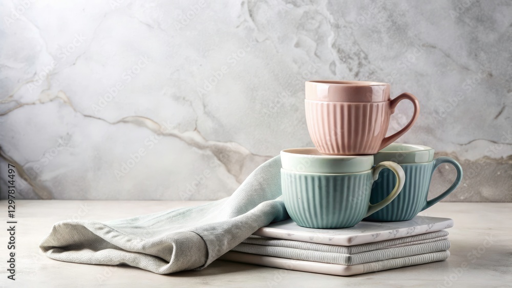 Stackable Mug Set Double Exposure: Gray Marble & Soft Fabric, Feminine Industrial Design Stackable Mug Set Double Exposure: Gray Marble & Soft Fabric, Feminine Industrial Design