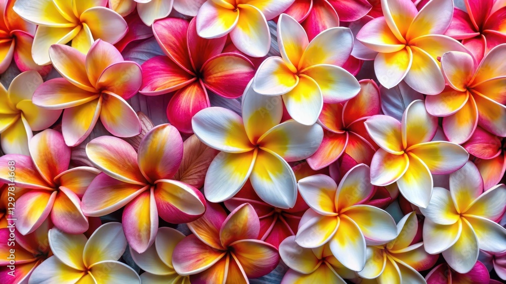 Vibrant Tropical Blooms in a Close-Up Arrangement of Delicate Petals Featuring a Colorful Array of Pink and Yellow Hues Vibrant Tropical Blooms in a Close-Up Arrangement of Delicate Petals Featuring a Colorful Array of Pink and Yellow Hues