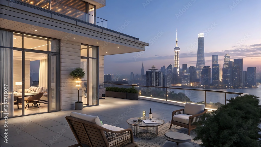Fototapeta premium Penthouse rooftop terrace, hotel top night view of the city against sky.