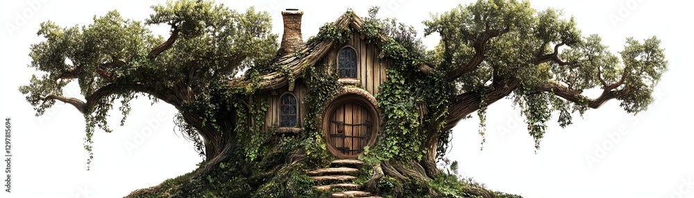 Fantasy treehouse with wooden structure and lush greenery, white isolate background Fantasy treehouse with wooden structure and lush greenery, white isolate background