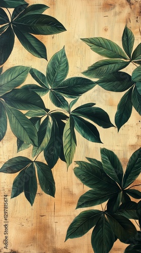 Intricate Wood Carving of Green Leaves on a Textured Wooden Panel Showcasing ...