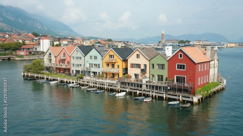 Picturesque Waterfront Homes Charming Coastal Village Scenery Unique Architecture Vibrant Colors Travel Destination European Landscape Appeal Picturesque Waterfront Homes Charming Coastal Village Scenery Unique Architecture Vibrant Colors Travel Destination European Landscape Appeal