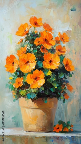 Bright Orange Flowers in a Ceramic Pot on a Light Background Ready to Brighte...