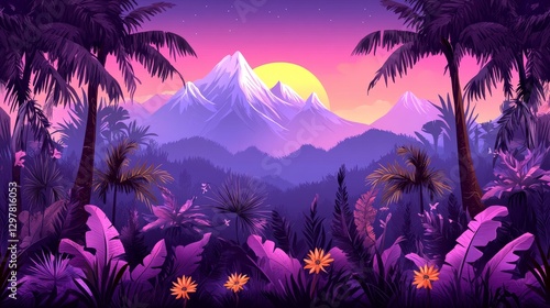 Pixelated retro aesthetic tropical paradise sunset illustration mountain range with palm trees and exotic vegetation nature background