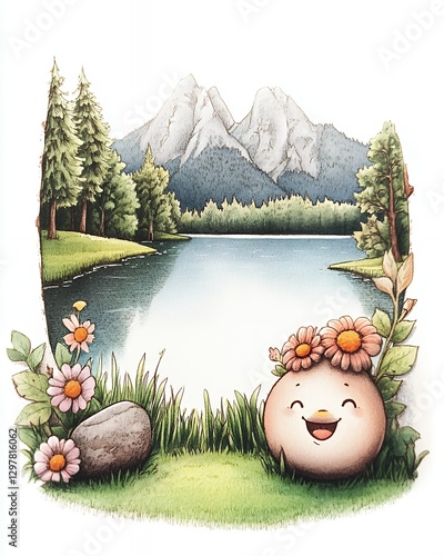 Smiling Cartoon Character by Serene Lake with Mountain View photo