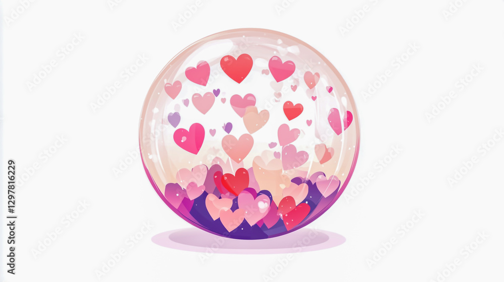 A crystal ball filled with red, pink, and violet hearts, symbolizing love and romance A crystal ball filled with red, pink, and violet hearts, symbolizing love and romance