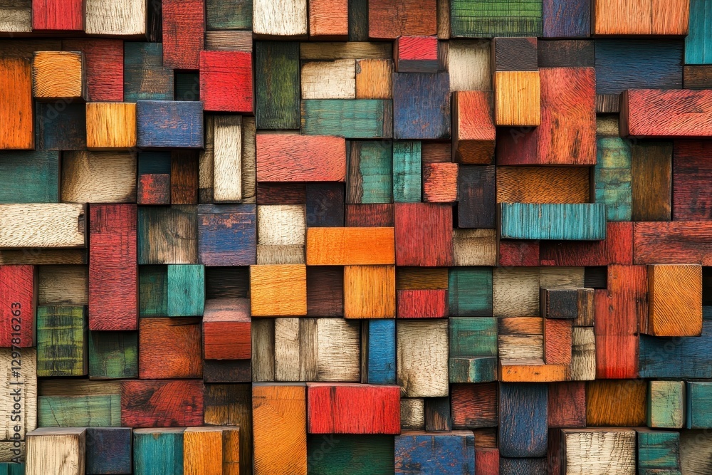 Colorful Wooden Blocks Create a Geometric Pattern Textured Background Ideal for Modern Interior Design or Abstract Art Projects using Various Colors Colorful Wooden Blocks Create a Geometric Pattern Textured Background Ideal for Modern Interior Design or Abstract Art Projects using Various Colors