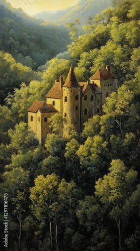 Beautiful Hillside Castle Surrounded by Lush Greenery in a Serene Landscape