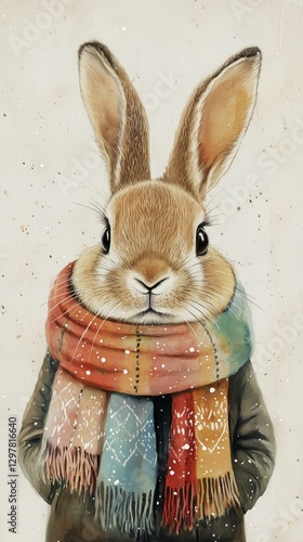 Cute Rabbit Wearing a Colorful Scarf in a Whimsical Winter Setting
