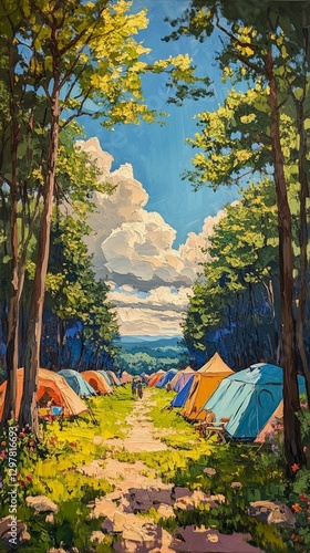 Colorful Tents Line a Path Through a Vibrant Forest During a Summer Camping T...