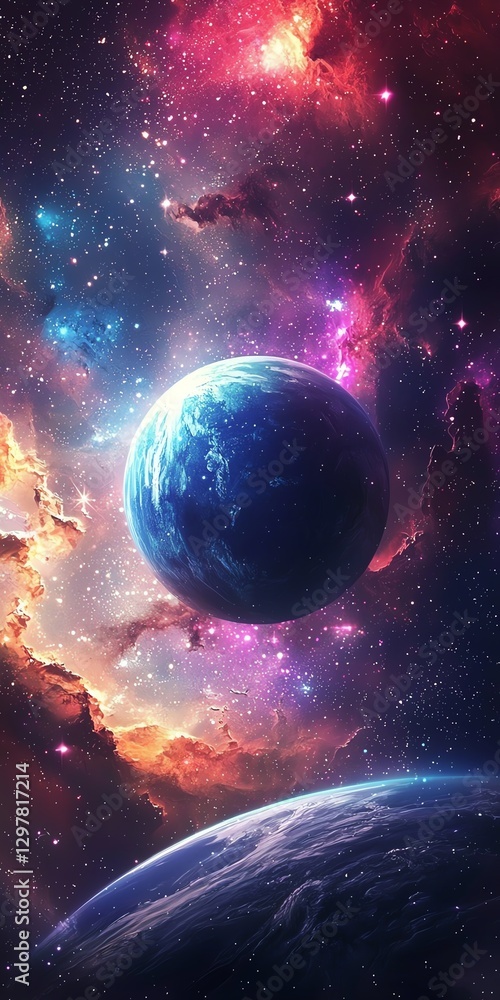 Obraz premium A cosmic scene with a blue planet surrounded by a rainbow spectrum of stars, symbolizing the vast universe of autism perspectives